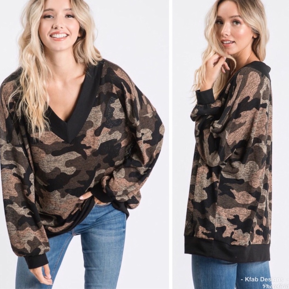 Wide V-Neck Relaxed Fit Camo Top - Picture 6 of 7